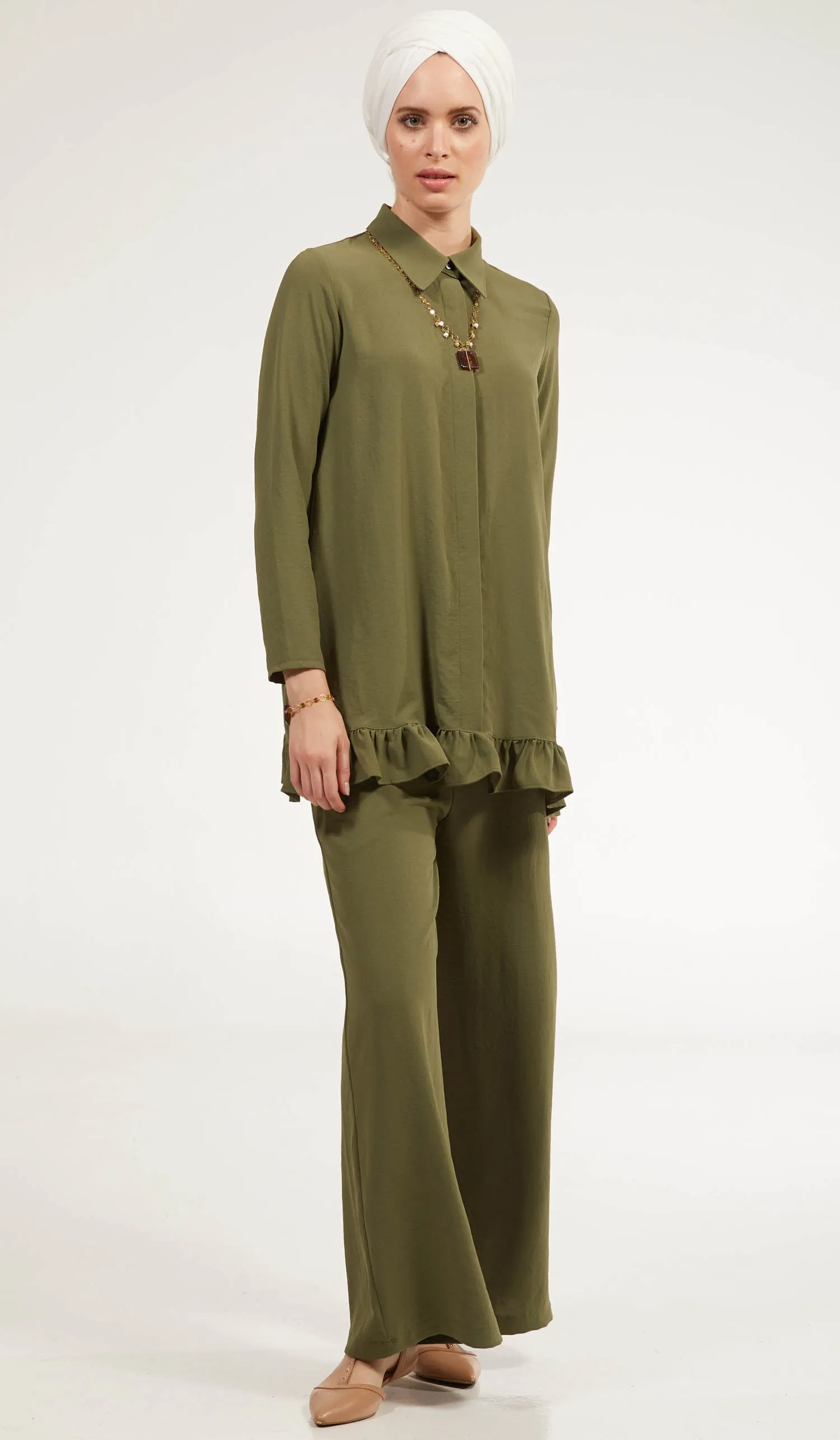 Inaya Flowy Long Modest Buttondown Shirt - Olive - FINAL SALE