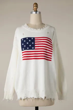 Ivory Distressed Flag Stars Stripes Sweater