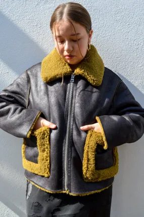 Jakke Vera Black Avocado Shearling Aviator Jacket