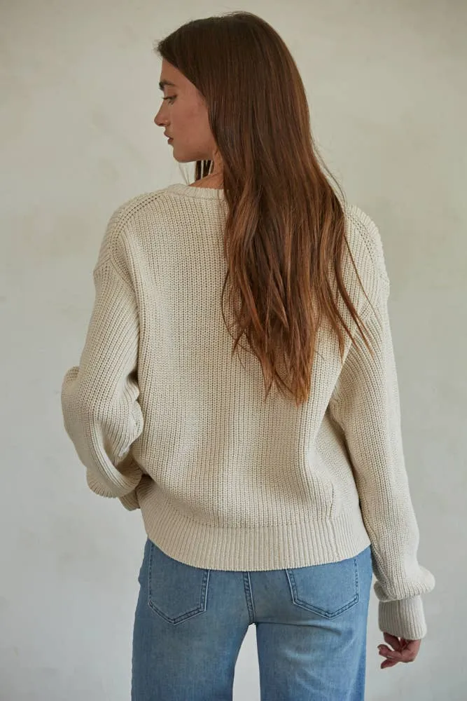 Knit Cotton Sweater Ribbed Long Sleeve Pullover Top