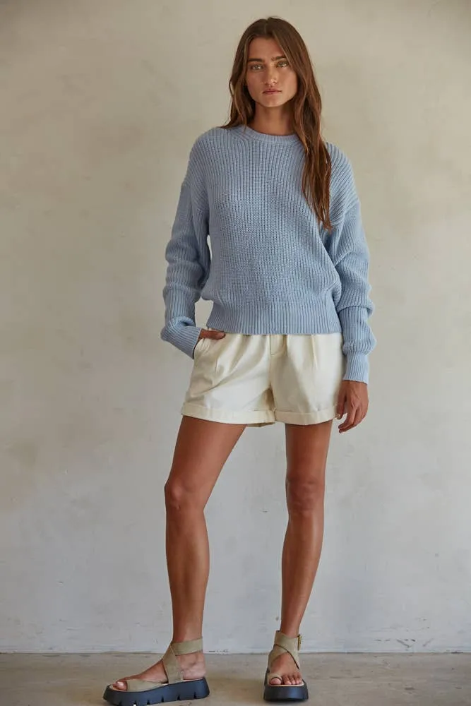 Knit Cotton Sweater Ribbed Long Sleeve Pullover Top