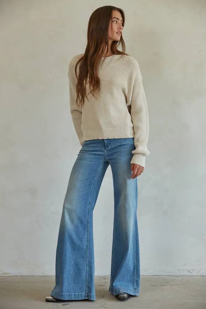 Knit Cotton Sweater Ribbed Long Sleeve Pullover Top