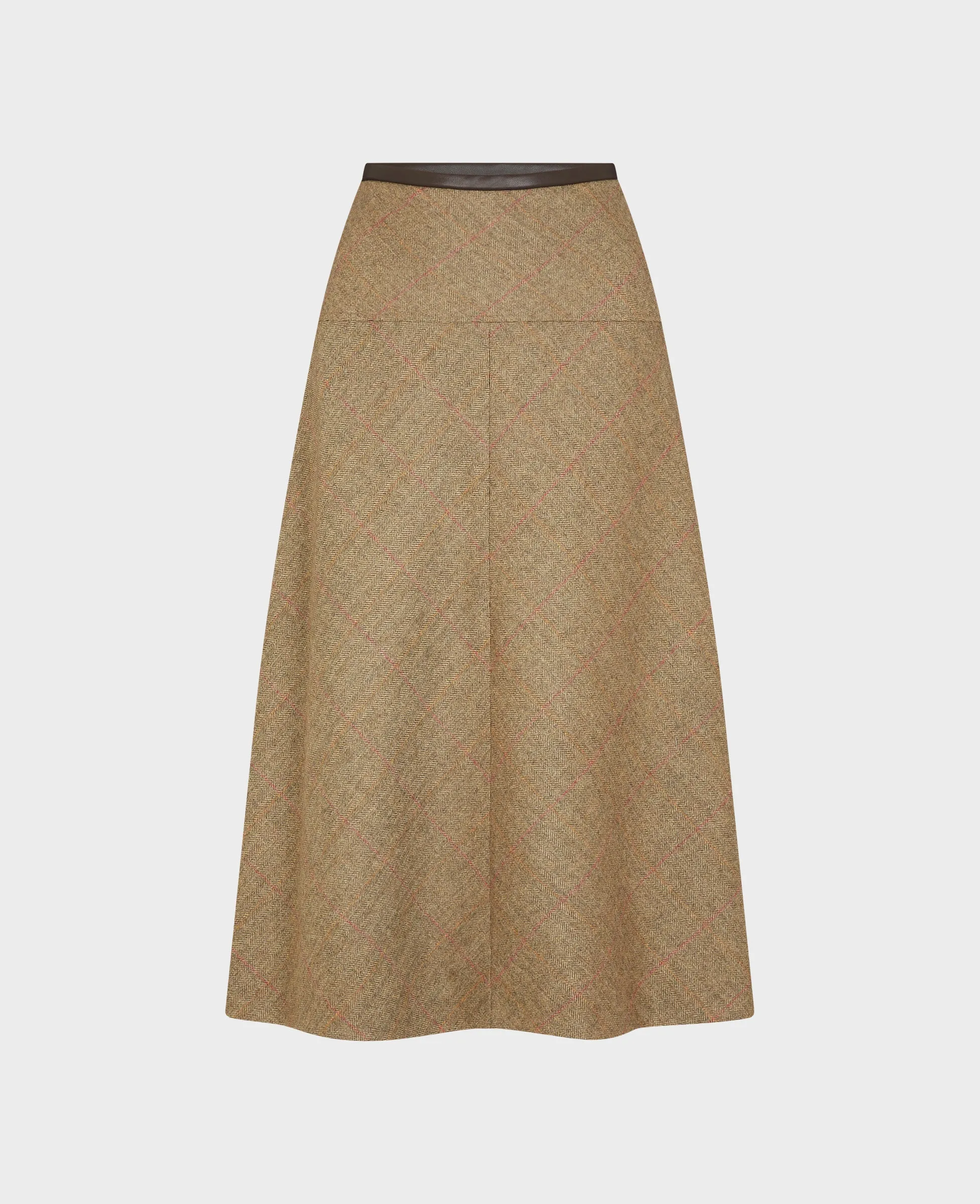 Leather Waistband Wool Tweed Midi Skirt