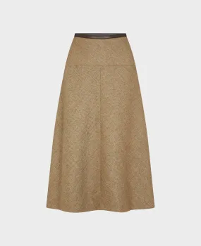 Leather Waistband Wool Tweed Midi Skirt