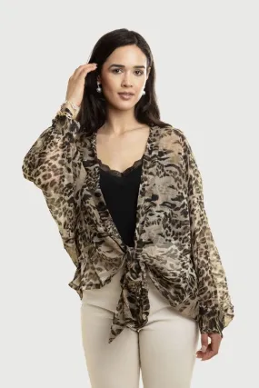 Leopard Tie Front Sheer Kimono