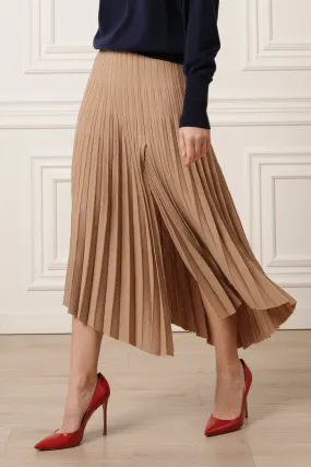 Lia Jersey Wool Pleated Midi Skirt in Camel