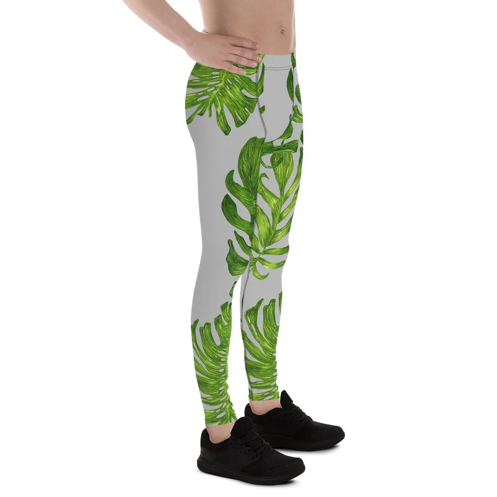 Light Gray Tropical Meggings, Best Green Tropical Leaf Print Men's Premium Leggings Meggings-Made in USA/EU