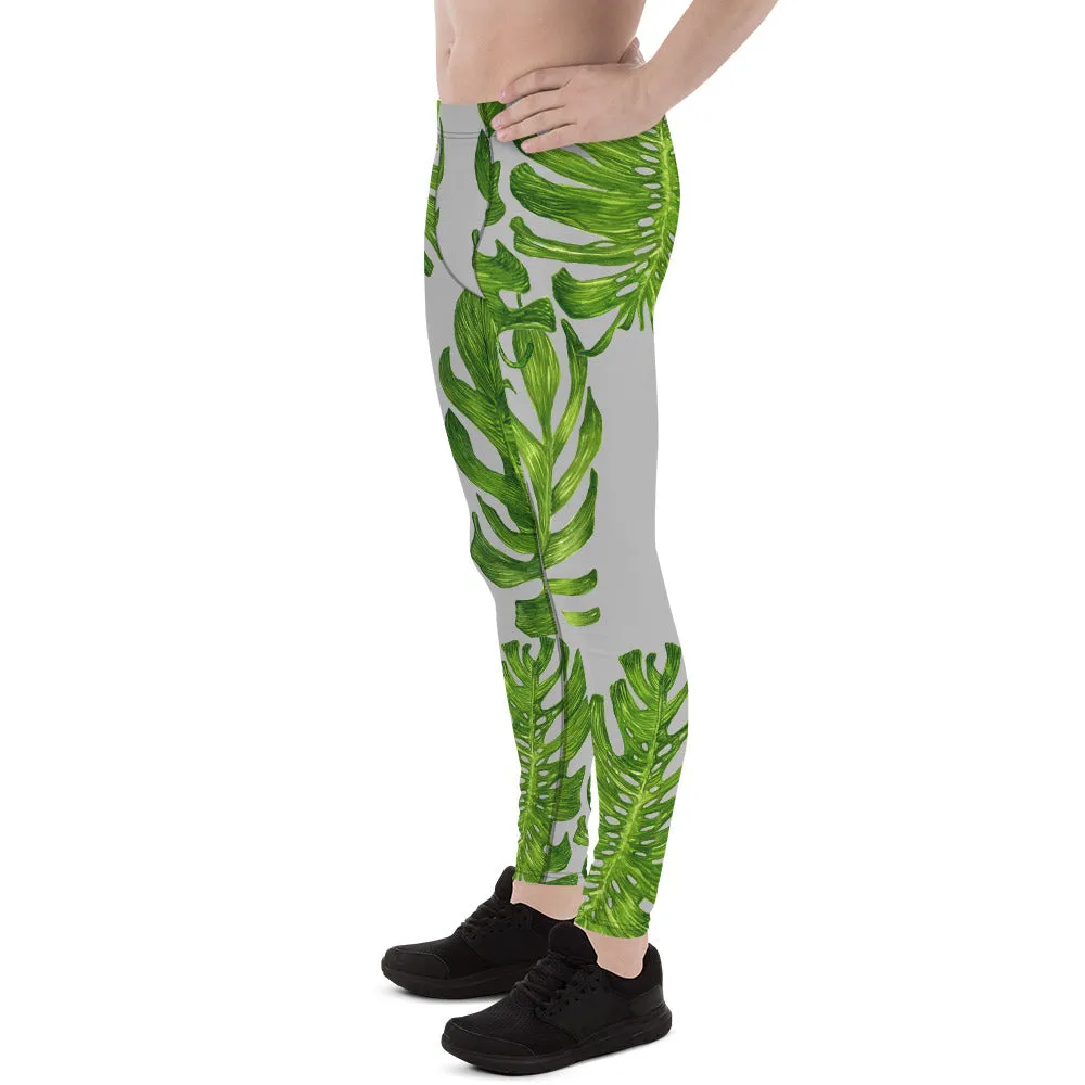 Light Gray Tropical Meggings, Best Green Tropical Leaf Print Men's Premium Leggings Meggings-Made in USA/EU