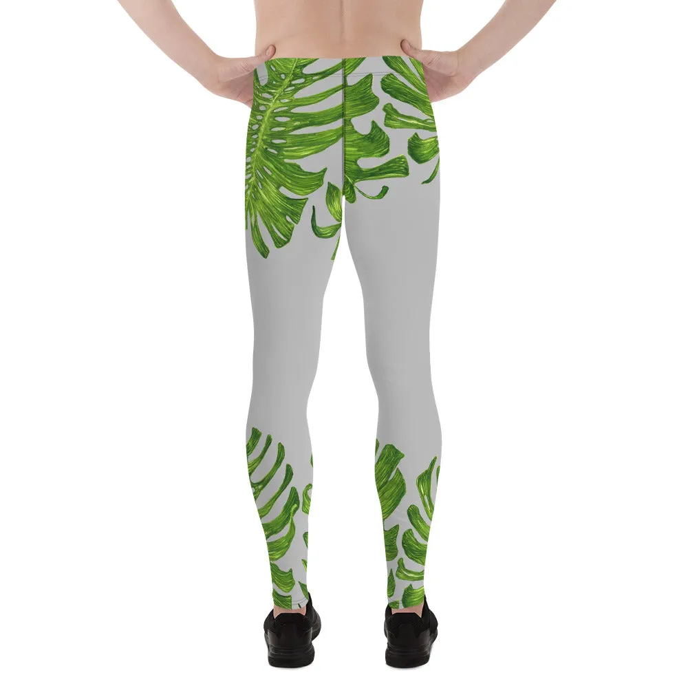 Light Gray Tropical Meggings, Best Green Tropical Leaf Print Men's Premium Leggings Meggings-Made in USA/EU