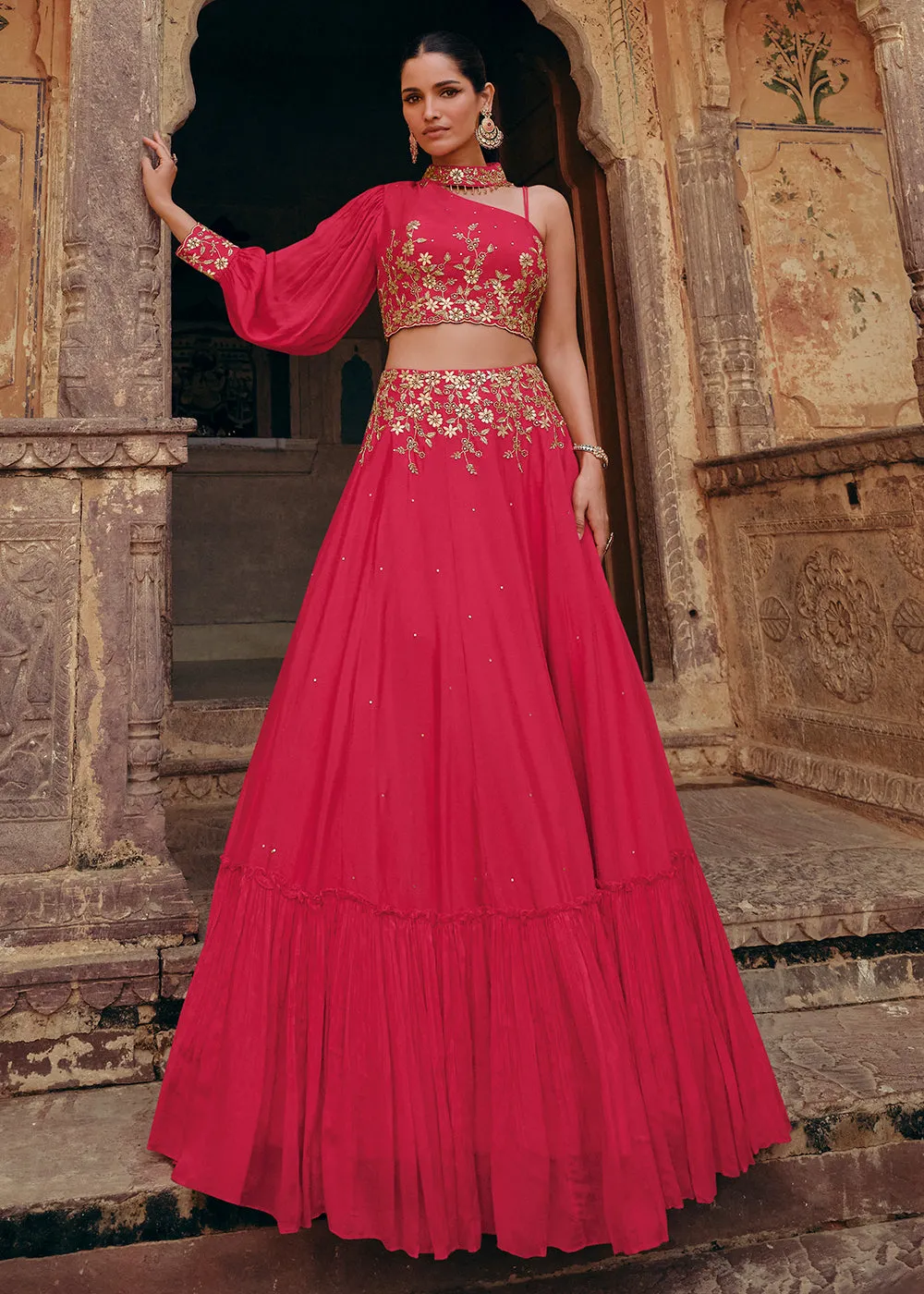 Magenta Pink Chinnon Embroidered Designer Bridesmaid Lehenga