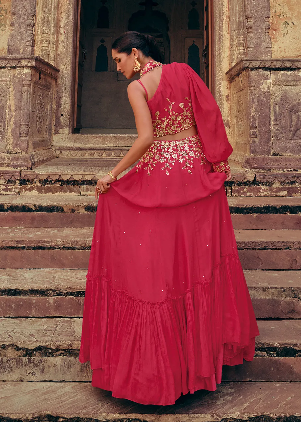 Magenta Pink Chinnon Embroidered Designer Bridesmaid Lehenga