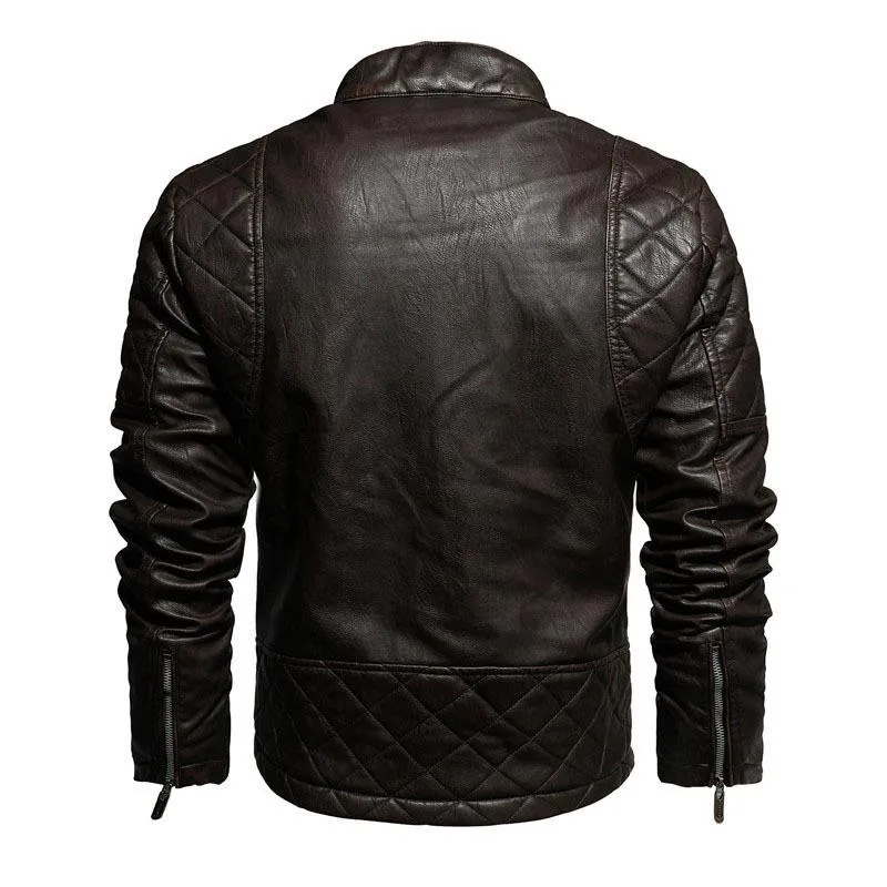 Men's Fleece Warm Slim Stand Collar Leather Jacket 24585213L