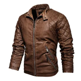 Men's Fleece Warm Slim Stand Collar Leather Jacket 24585213L