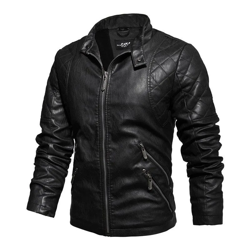 Men's Fleece Warm Slim Stand Collar Leather Jacket 24585213L