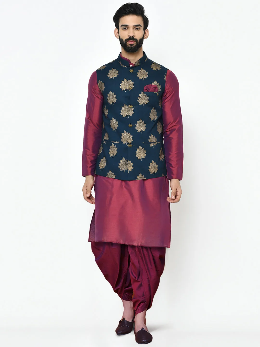 Men's Navy Blue Kurta Jacket Dhoti Set