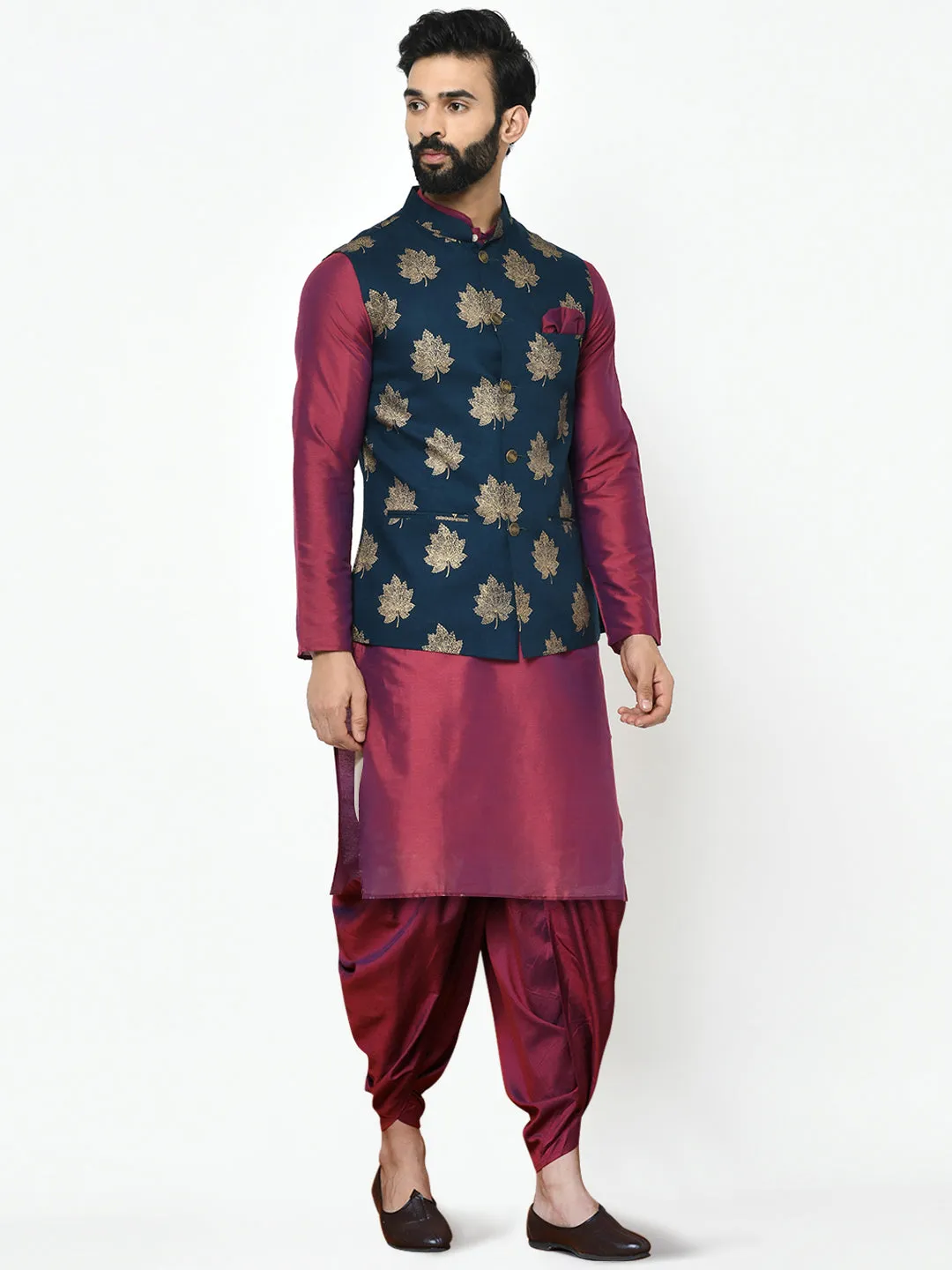 Men's Navy Blue Kurta Jacket Dhoti Set