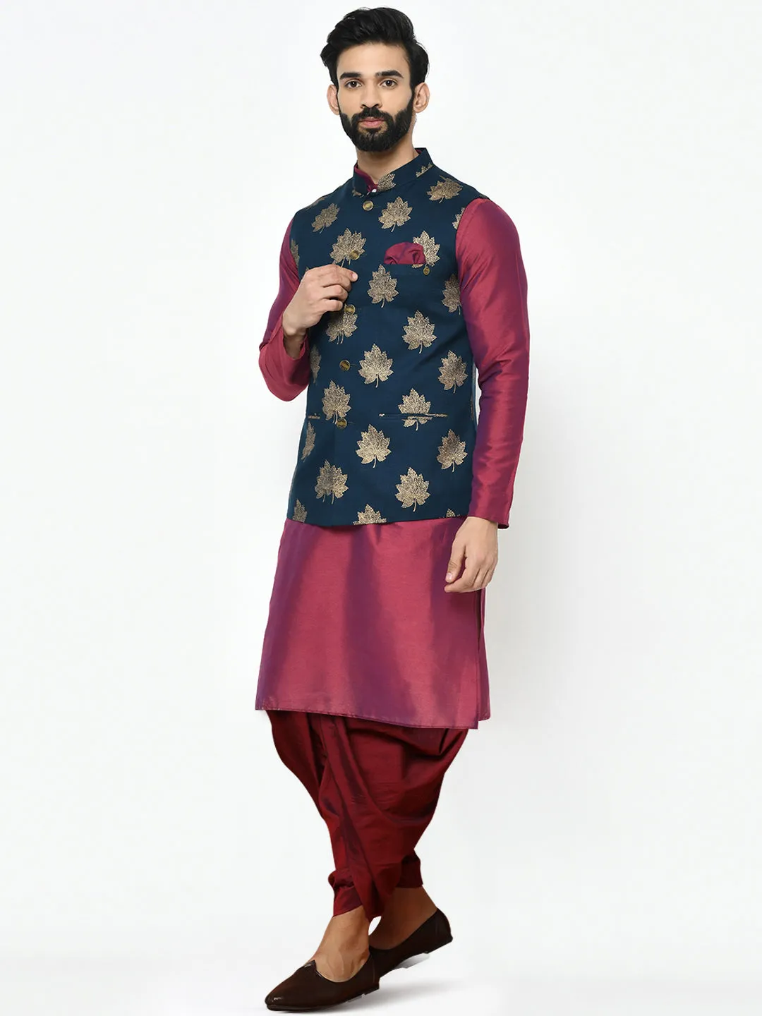 Men's Navy Blue Kurta Jacket Dhoti Set