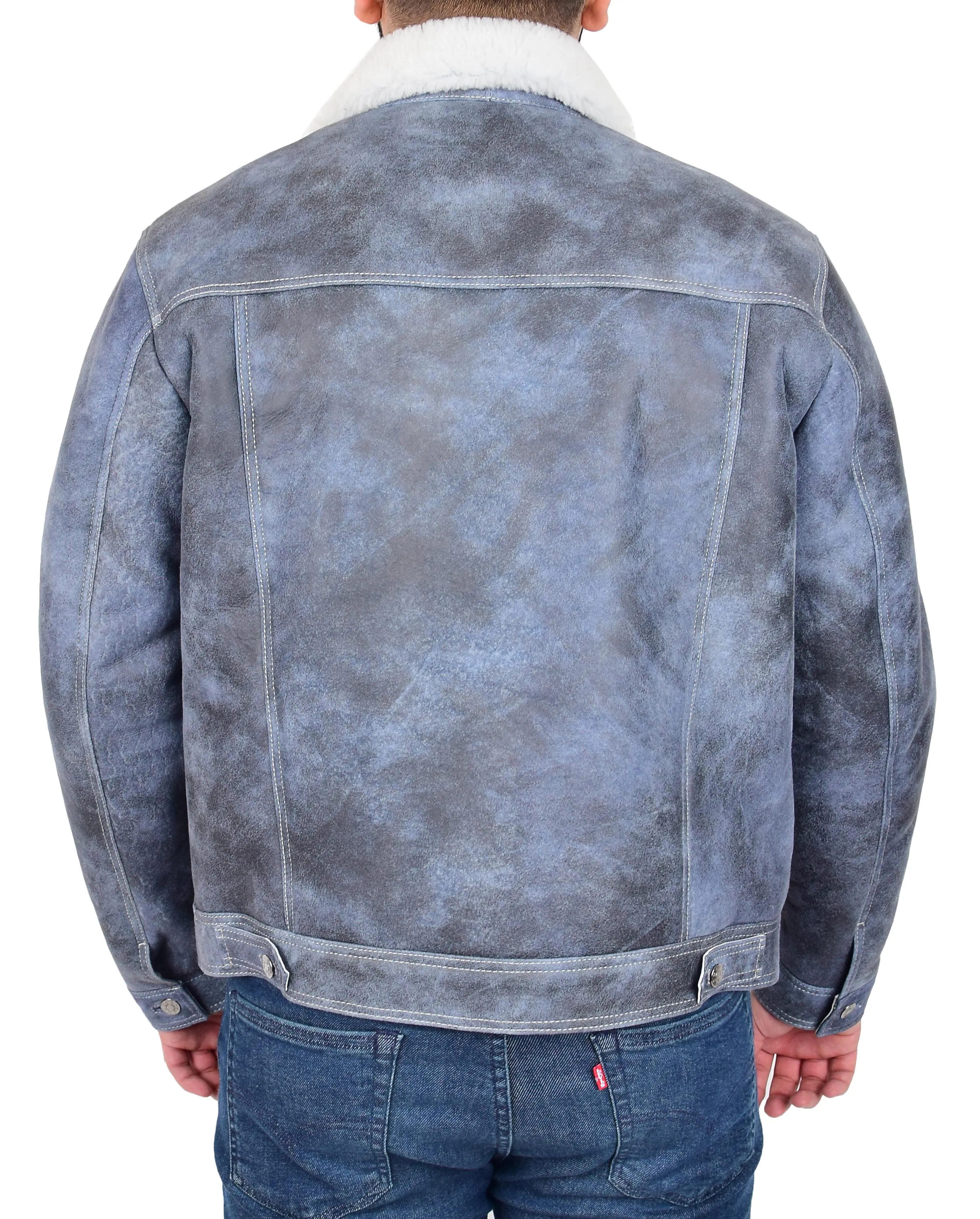 Mens Real Sheepskin American Trucker Jacket Blue Fitted Merino Curly Shearling Rudy