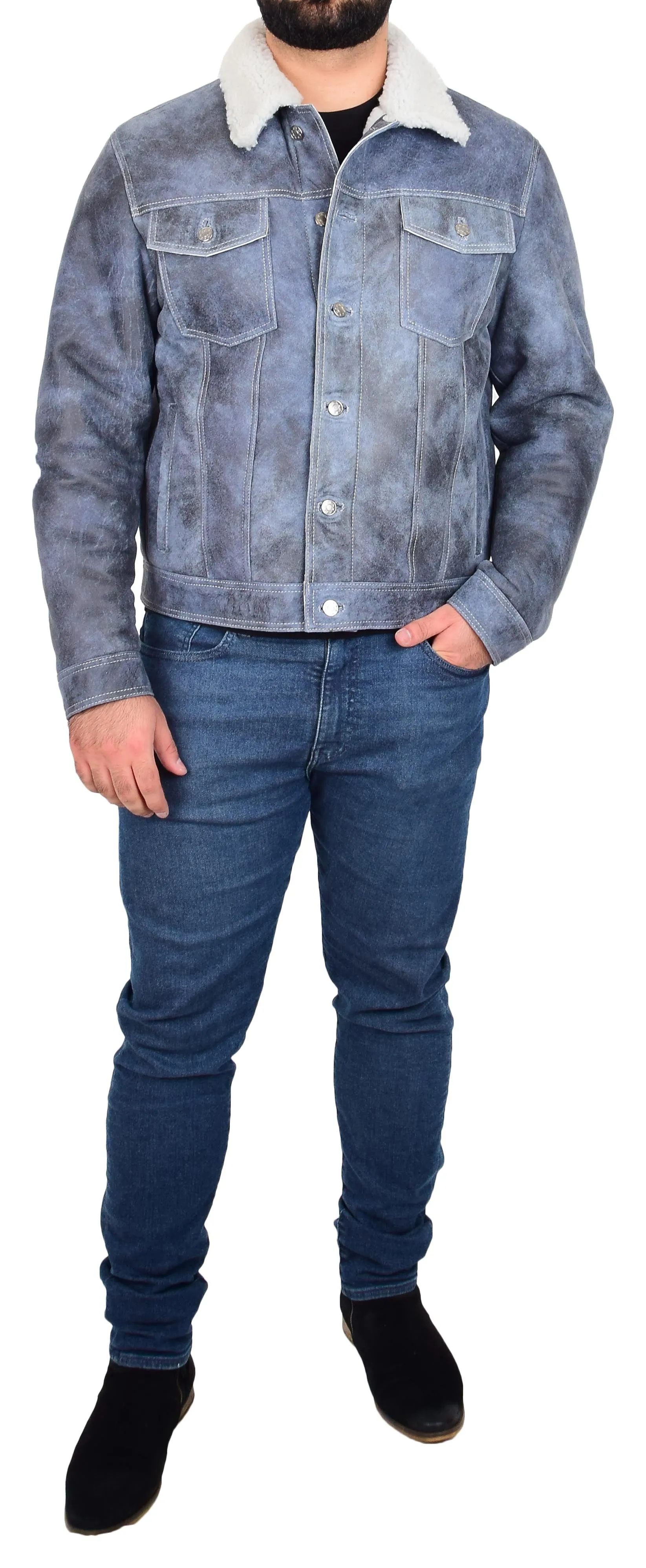 Mens Real Sheepskin American Trucker Jacket Blue Fitted Merino Curly Shearling Rudy