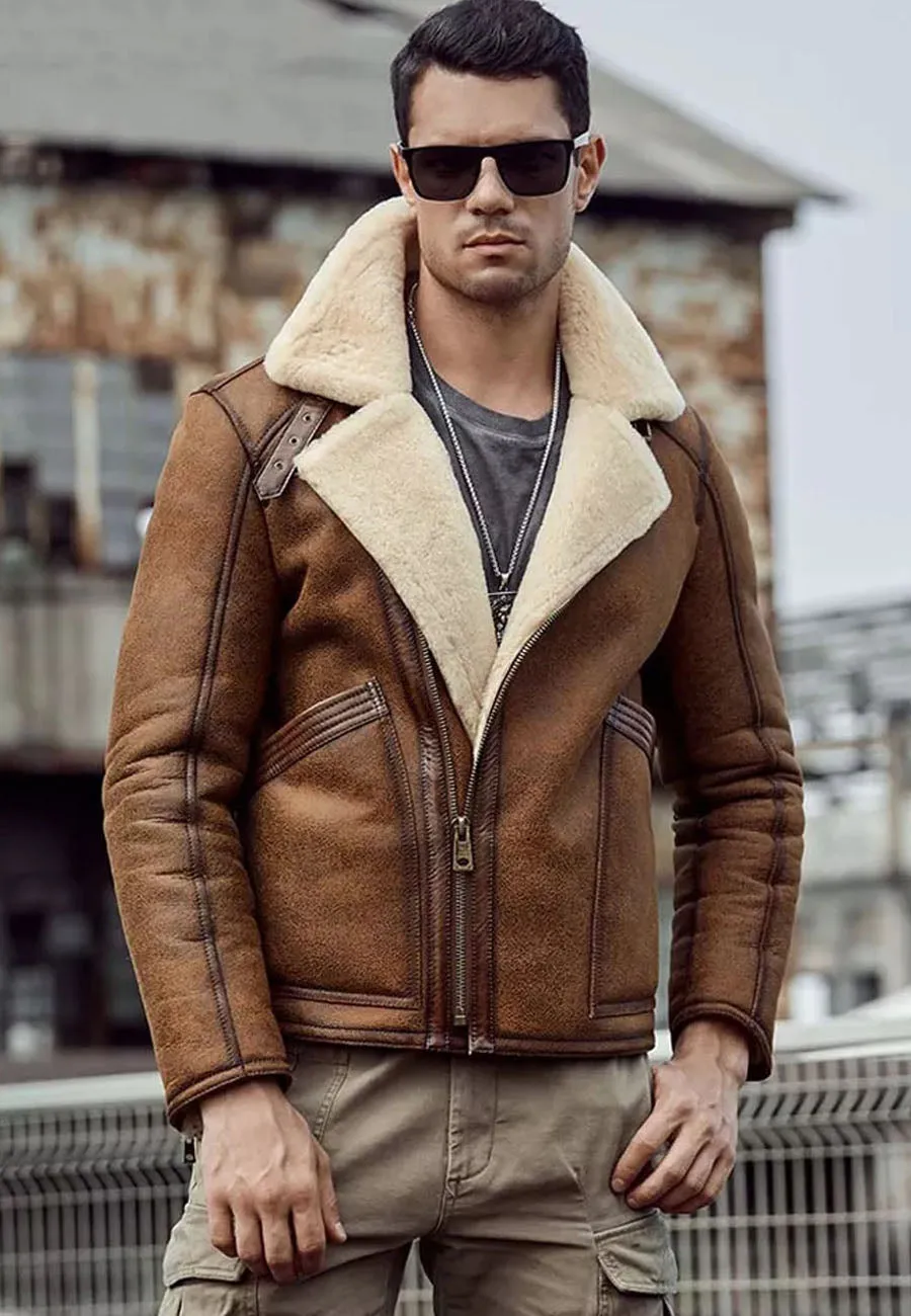 Men’s Tan Brown Leather Shearling Jacket