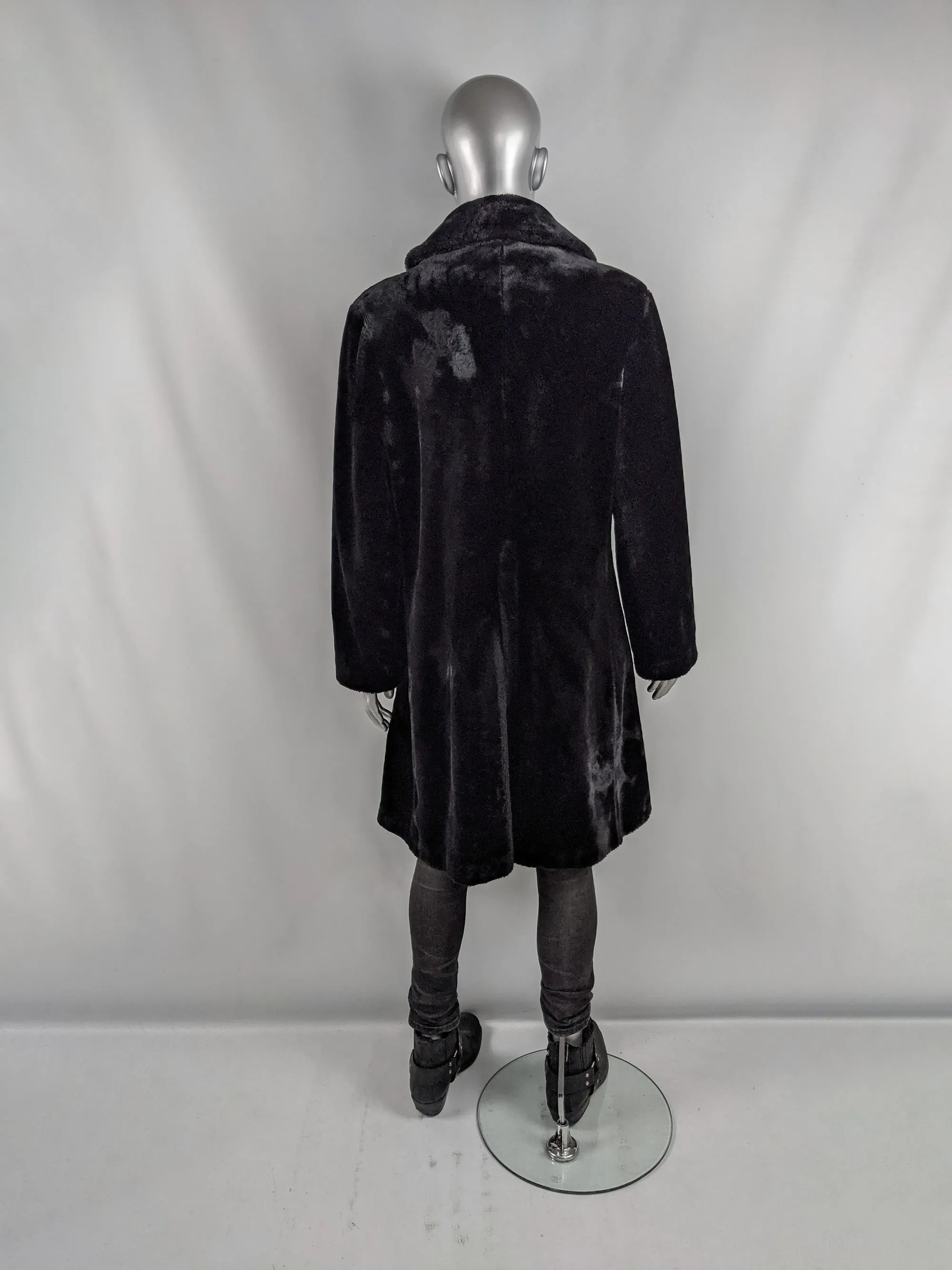 Mens Vintage Long Black Faux Fur Coat, 1970s