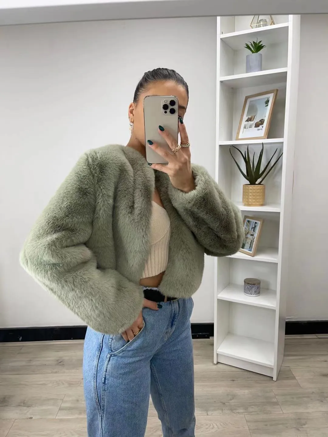 Millie faux fur jacket available in Sage, Milk, Latte, and Black