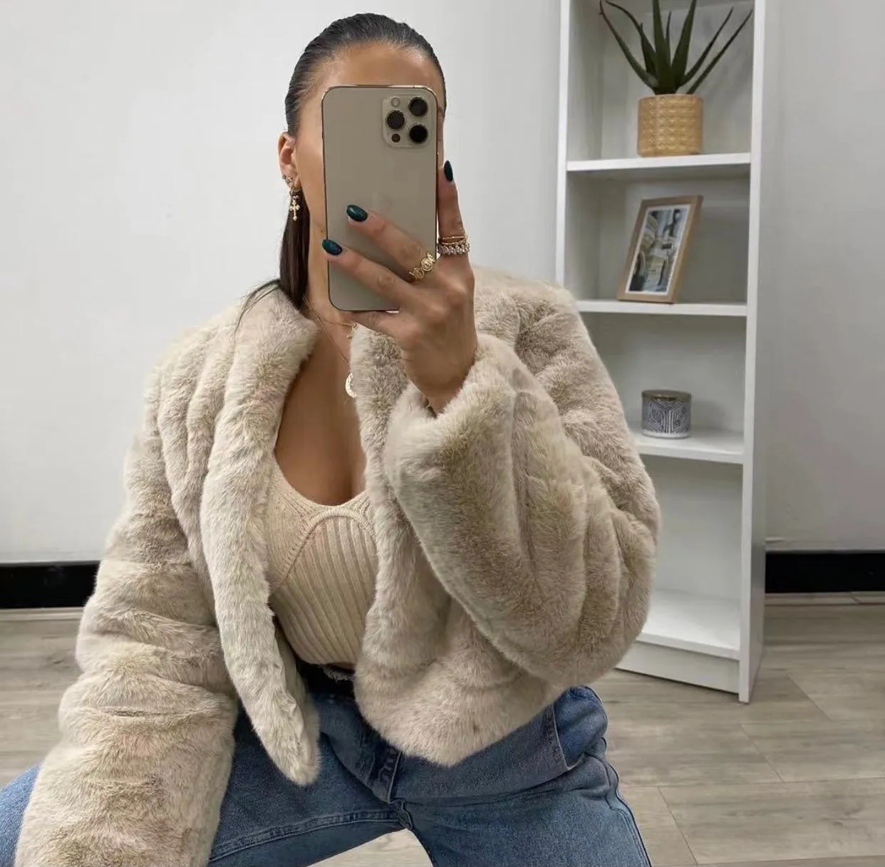 Millie faux fur jacket available in Sage, Milk, Latte, and Black