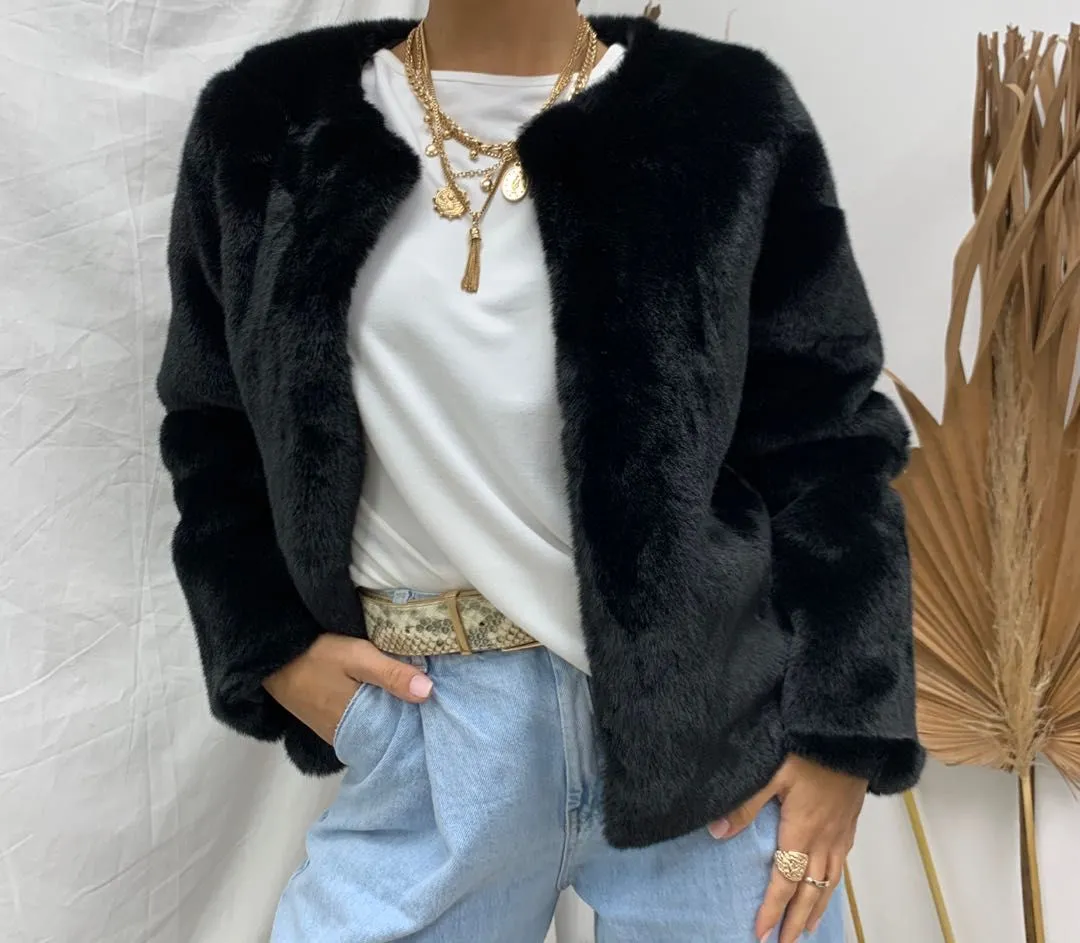 Millie faux fur jacket available in Sage, Milk, Latte, and Black