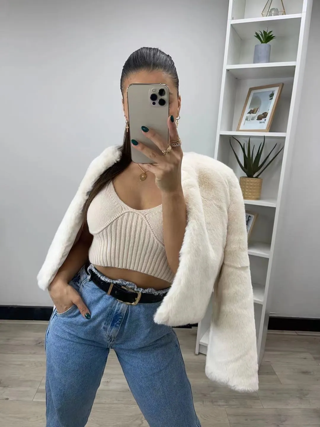 Millie faux fur jacket available in Sage, Milk, Latte, and Black