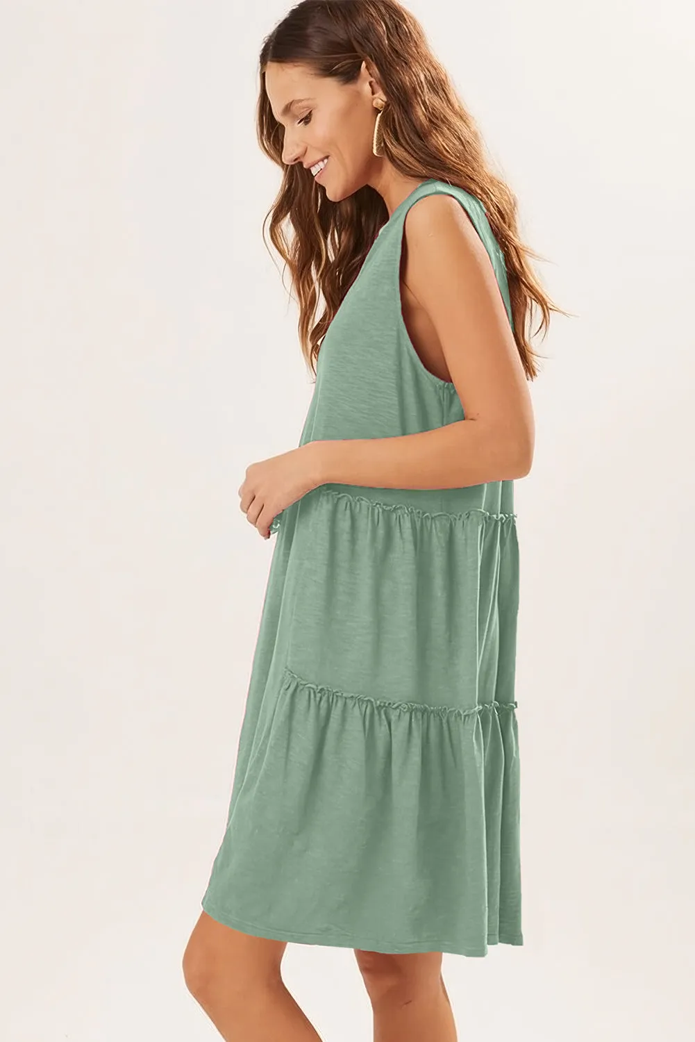 Moonlight Jade Split V Neck Tiered Flowy Sleeveless Dress