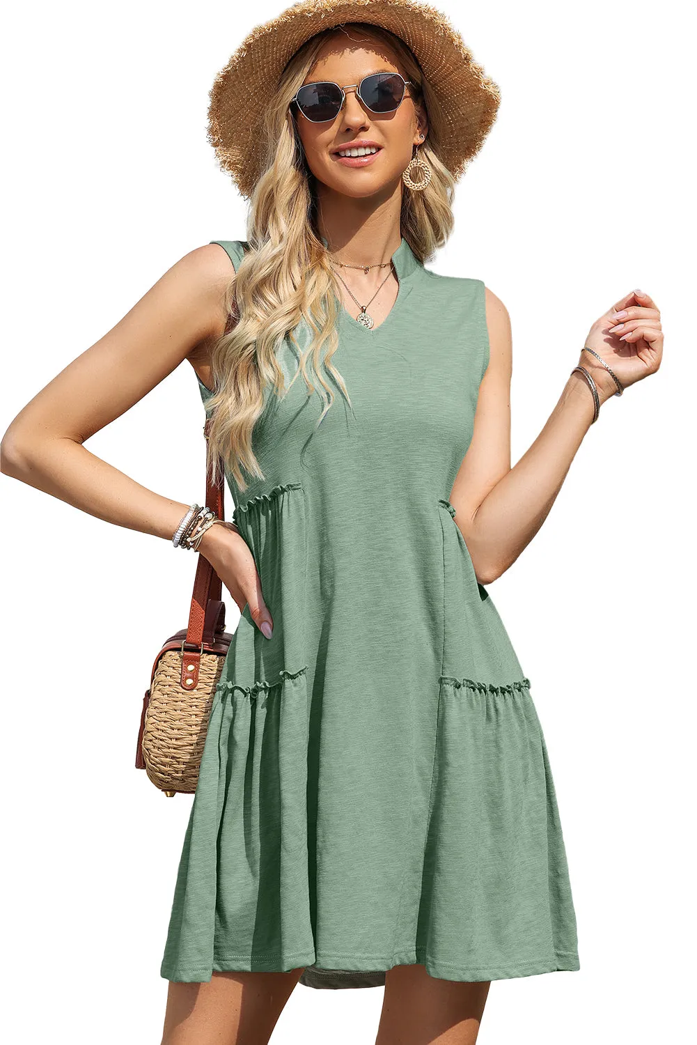 Moonlight Jade Split V Neck Tiered Flowy Sleeveless Dress