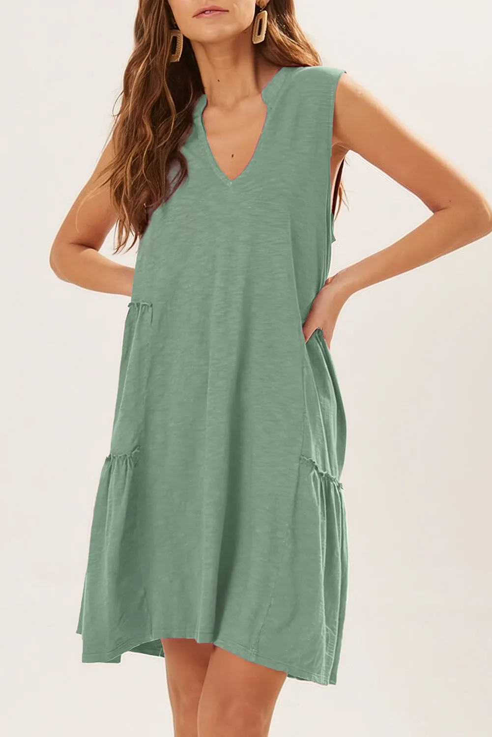 Moonlight Jade Split V Neck Tiered Flowy Sleeveless Dress