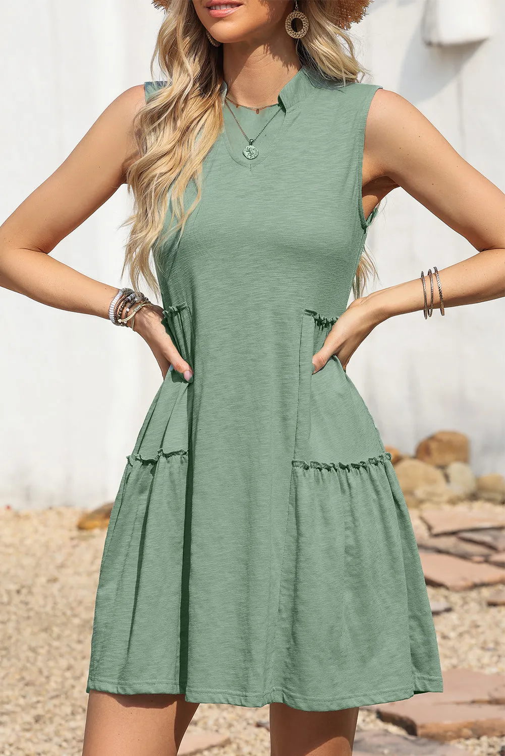 Moonlight Jade Split V Neck Tiered Flowy Sleeveless Dress