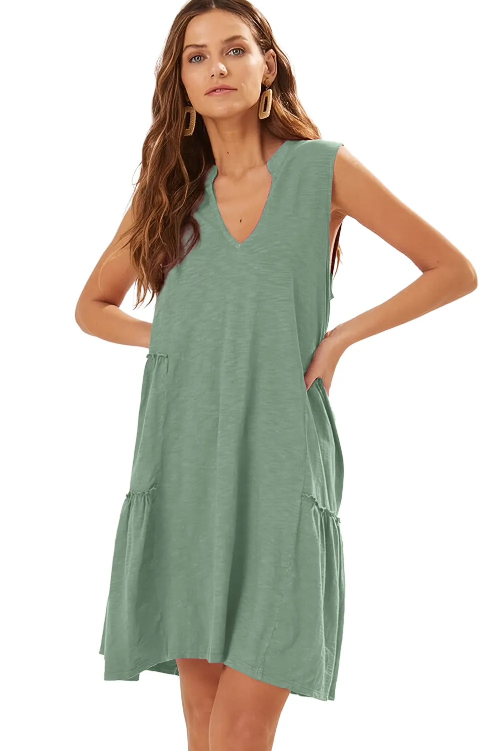 Moonlight Jade Split V Neck Tiered Flowy Sleeveless Dress