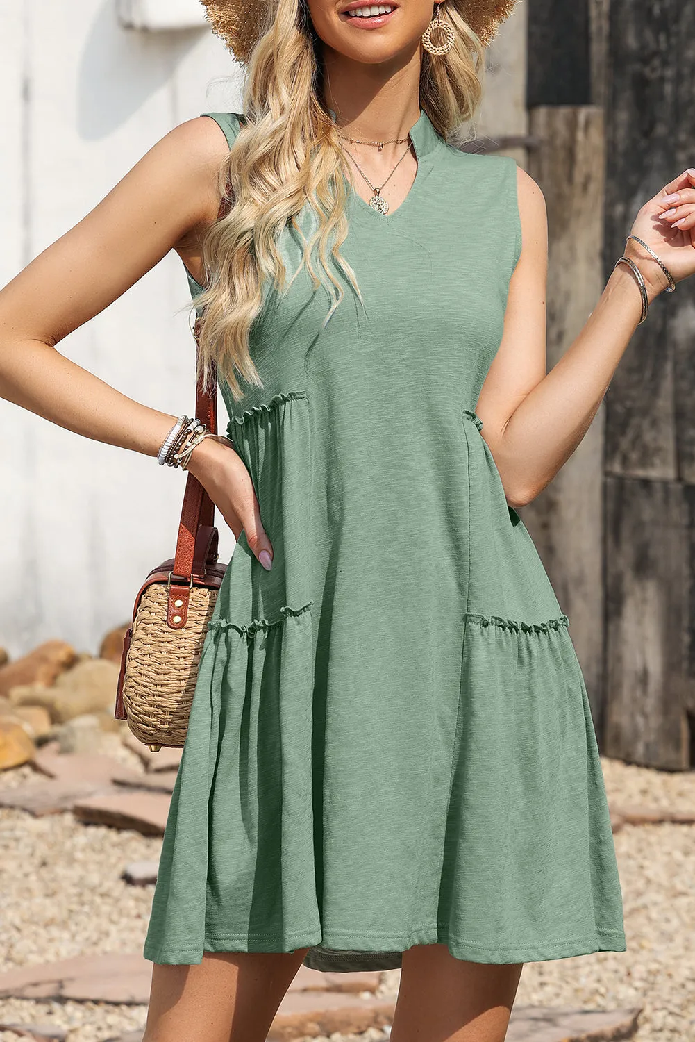 Moonlight Jade Split V Neck Tiered Flowy Sleeveless Dress