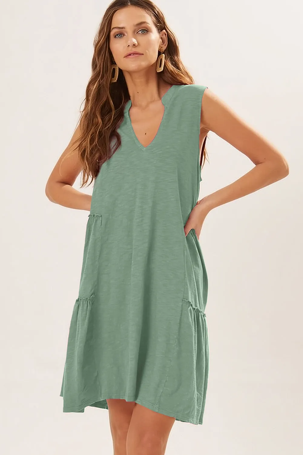 Moonlight Jade Split V Neck Tiered Flowy Sleeveless Dress