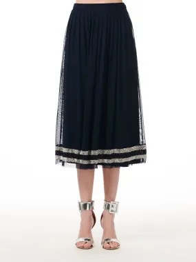 NAVY BEADED STRIPED PLEATED MESH MIDI SKIRT