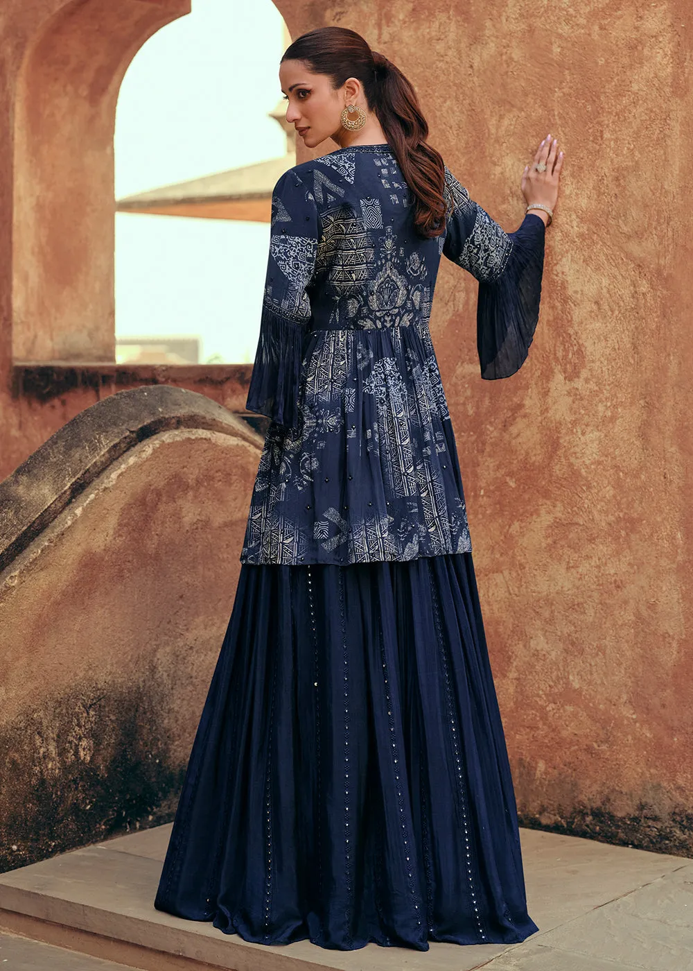 Navy Blue Chinnon Silk Jacket Style Designer Bridesmaid Lehenga