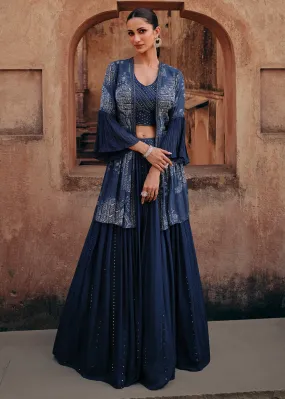 Navy Blue Chinnon Silk Jacket Style Designer Bridesmaid Lehenga