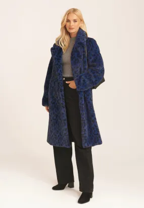 Navy Leopard Double Breasted Longline Faux Fur Coat