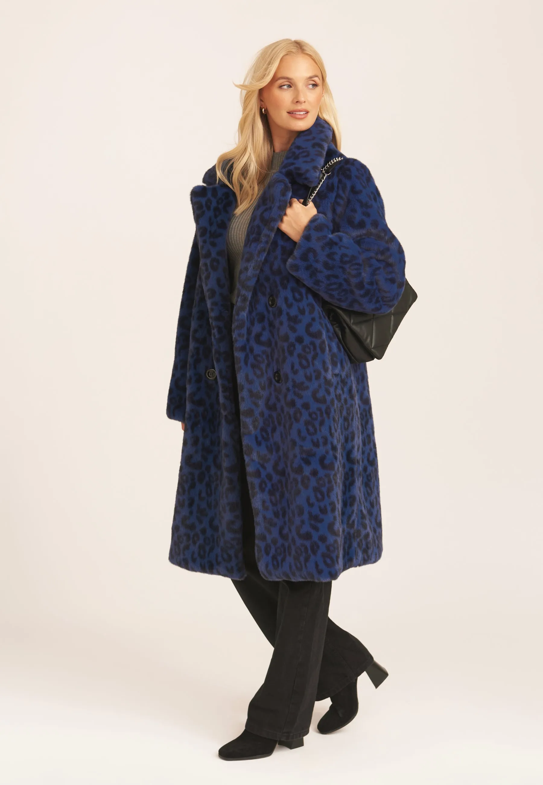 Navy Leopard Double Breasted Longline Faux Fur Coat