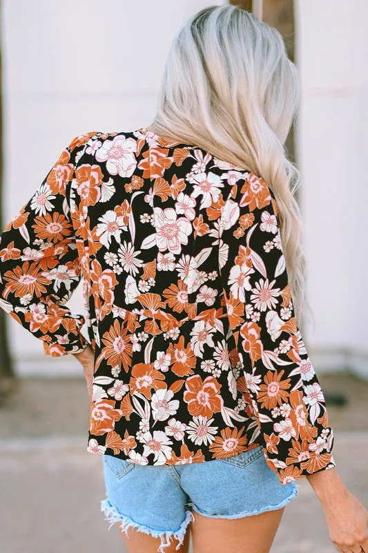 Never Too Much - Brown Floral Print 3/4 Sleeve Babydoll Blouse