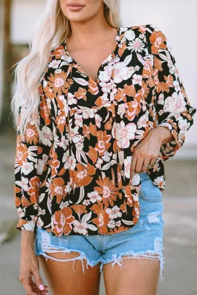 Never Too Much - Brown Floral Print 3/4 Sleeve Babydoll Blouse