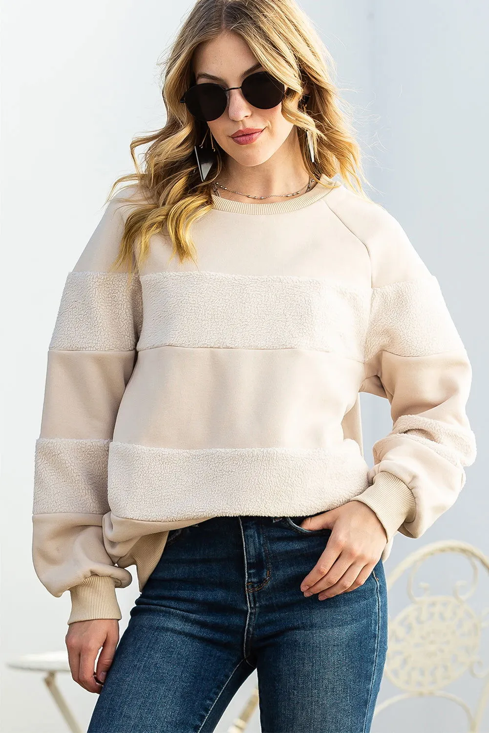 Oatmeal Patchwork Long Sleeve Pullover Sweatshirt