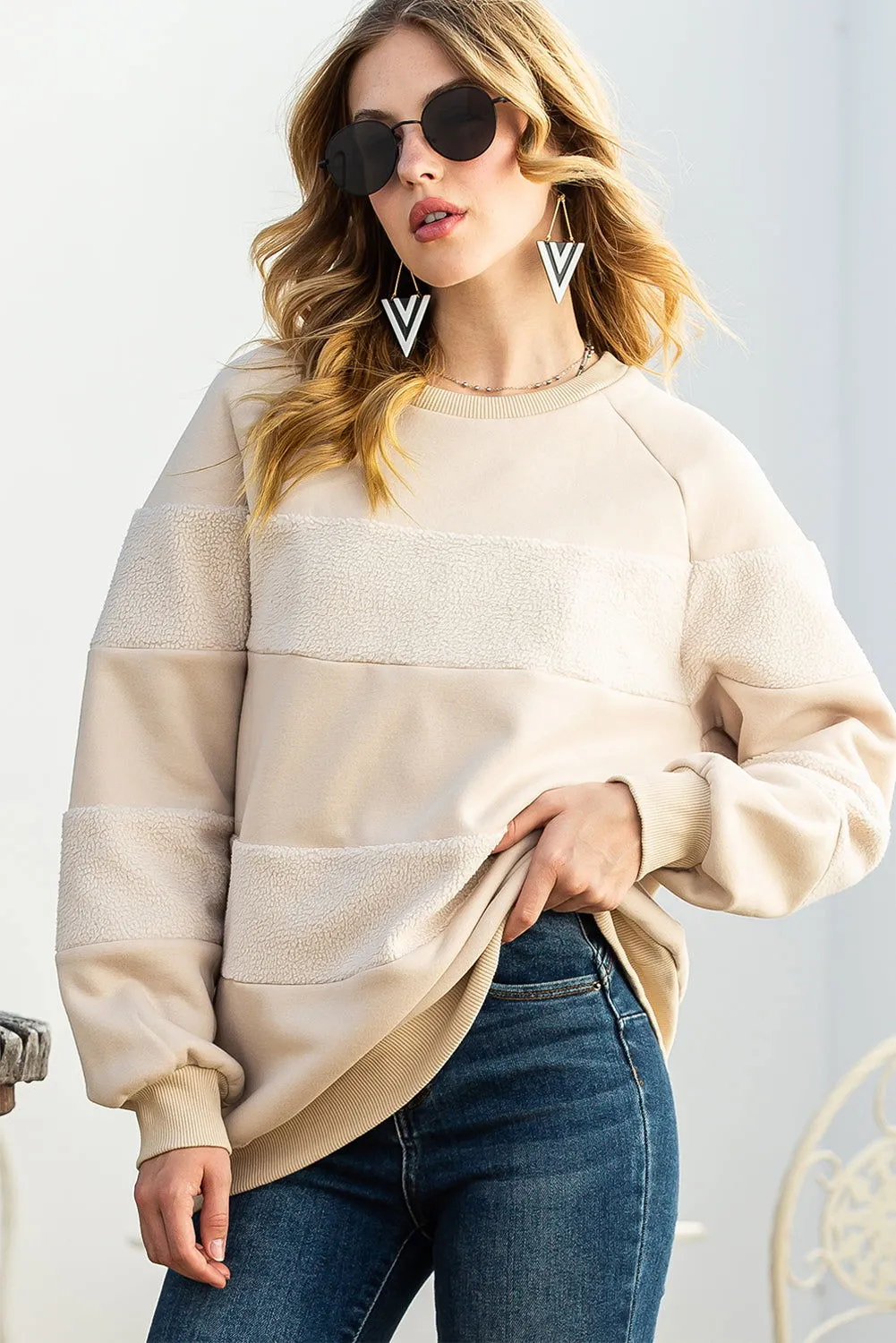 Oatmeal Patchwork Long Sleeve Pullover Sweatshirt