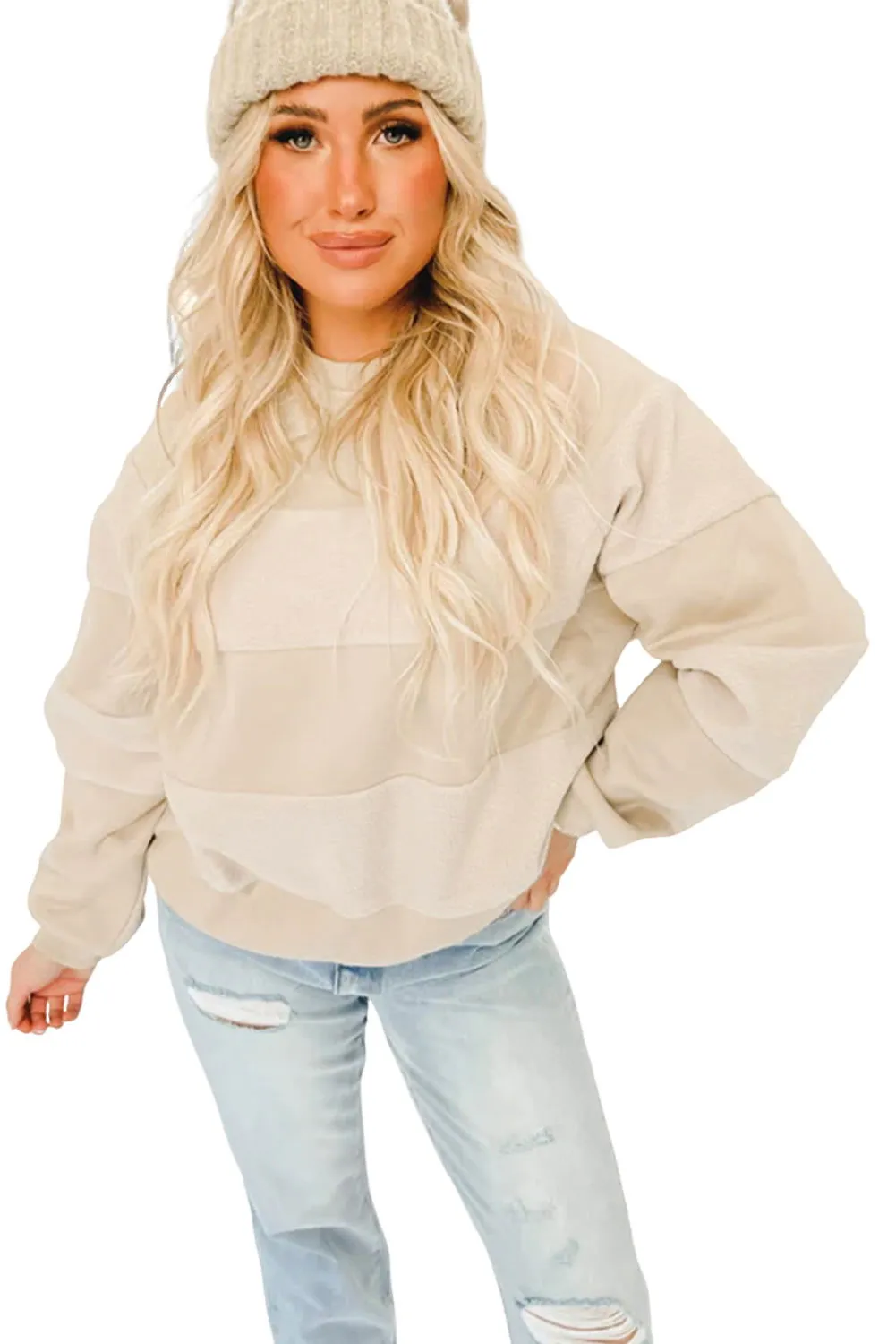 Oatmeal Patchwork Long Sleeve Pullover Sweatshirt