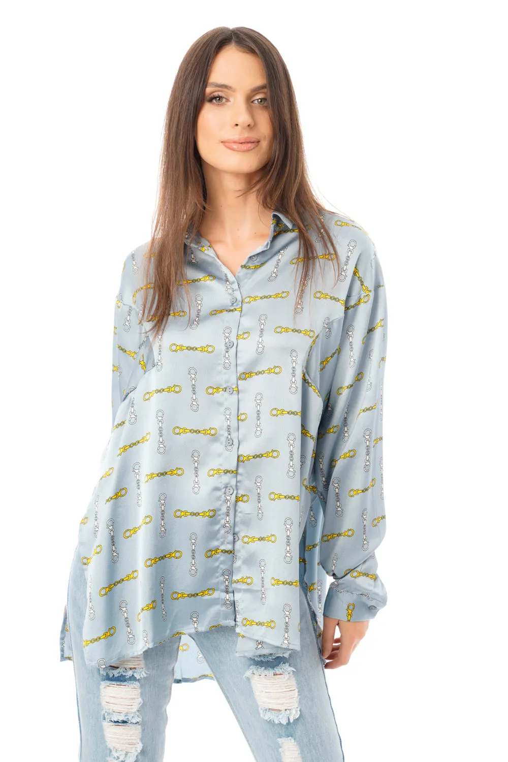 Oversized Chain Print Shirt in Powder Blue