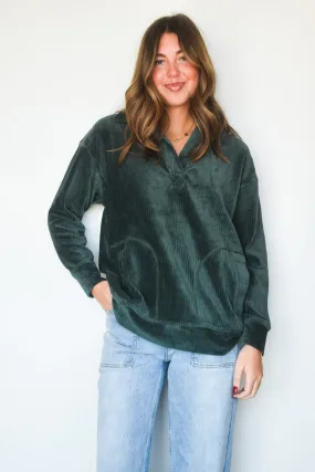 Oversized Collared Corduroy Pullover- Forest Green