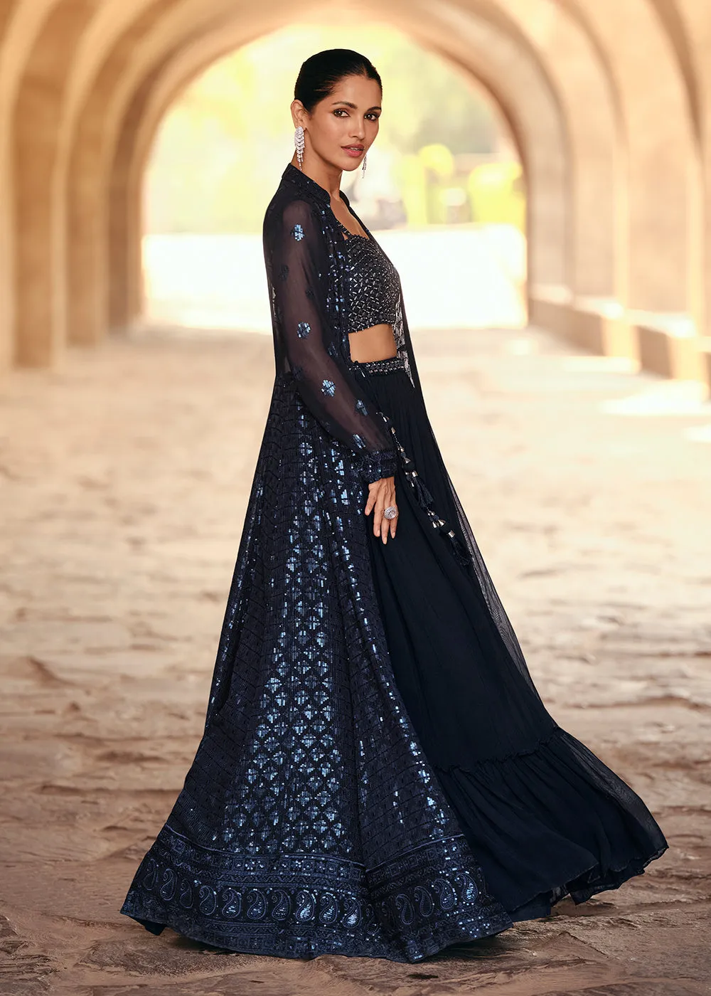 Party Style Navy Blue Georgette Designer Lehenga Choli