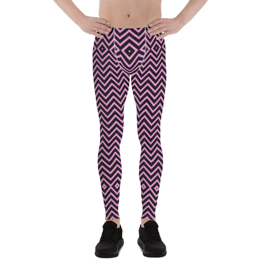 Pink Black Chevron Men's Leggings, Retro Style Meggings Compression Tights For Men - Made in USA/EU/MX